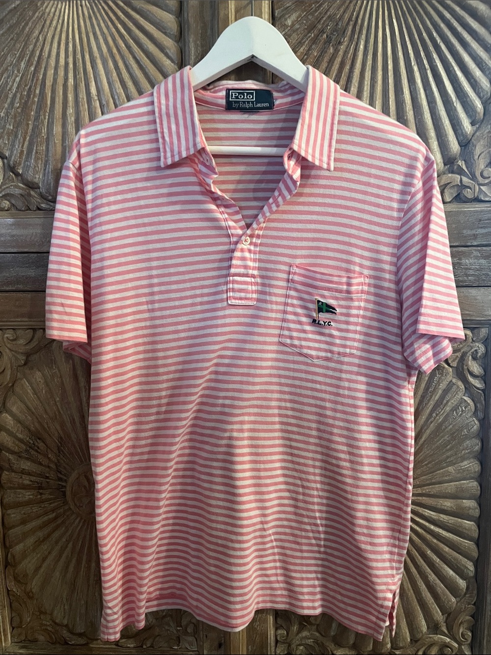 Polo by Ralph Lauren Men’s Pink & White Striped Polo with Pocket